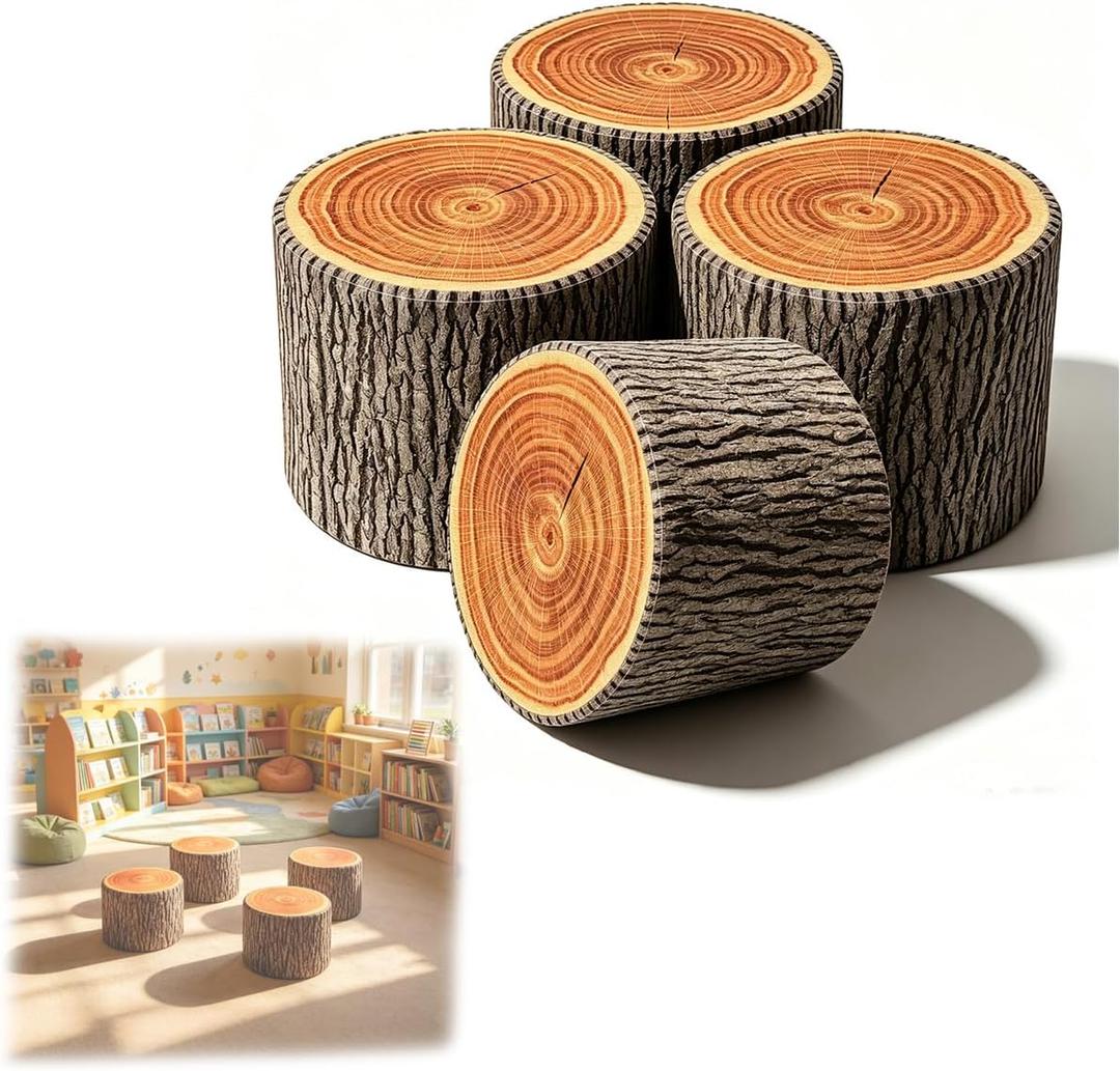 4 Pcs Round Tree Stump Classroom Stools,Wood Grain, 11 x 7.9 inches