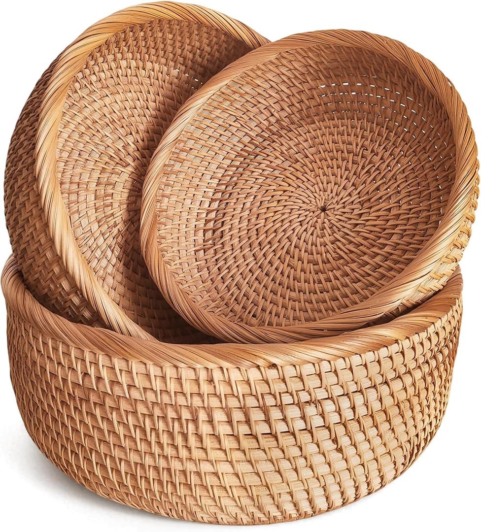 Rattan Fruit Basket for Kitchen Counter, Natural Wicker Bread Basket for Serving, Hand Woven Food Baskets, Decorative Bread Baskets for Serving, Fruits, Snacks, Candies, Nuts, Keys, Etc.(Round-Combo)