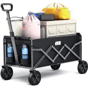 Collapsible Foldable Wagon, Foldig Wagon with Wheel Heavy Duty with 180lbs Weight Capacity Lightweight Utility Camping Cart for Groceries Garden Beach Sports Fishing (Black) (90L, Dark Black)