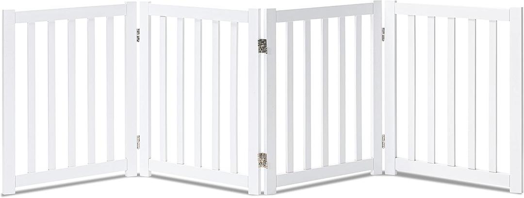 LZRS 4-Panel Wooden Free Standing Foldable Dog Gate Indoor  24" High, Extra Wide Step-Over Safety Pet Gate for Doorways, Stairs, Hallways, Large Spaces & Playpen for Puppies Indoor Use, White