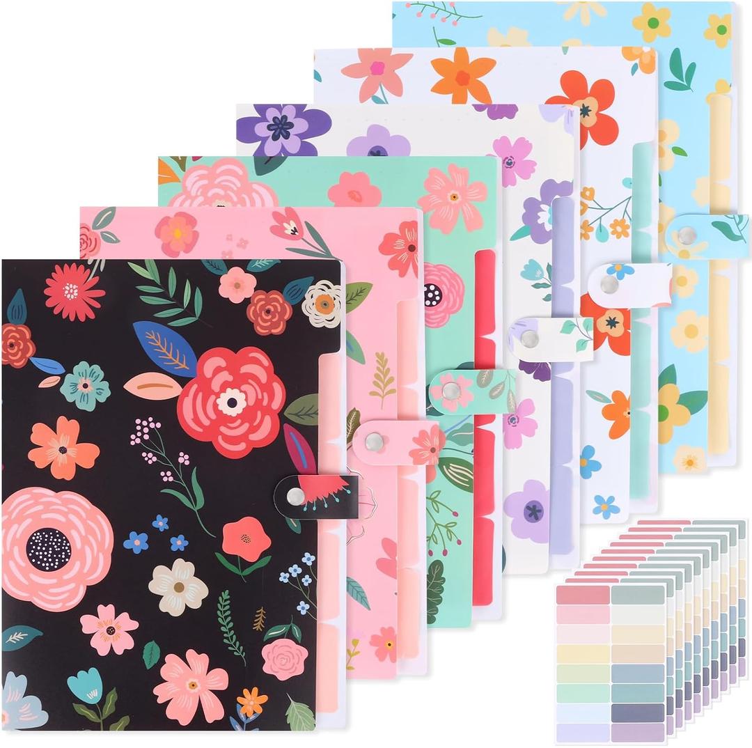 EOOUT 6pcs Expanding File Folders with 5 Pockets, Floral Accordion Folders for Documents, A4 Letter Size Plastic File Organizer with Snap Button for School and Office Supplies