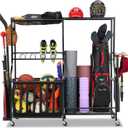 EXTCCT Garage Sports Equipment Organizer with Wheels - Golf Bag Storage Rack and Ball Storage Bins, Heavy Duty Rolling Garage Organizer System with Basket and Hooks for Indoor (Black-Large)
