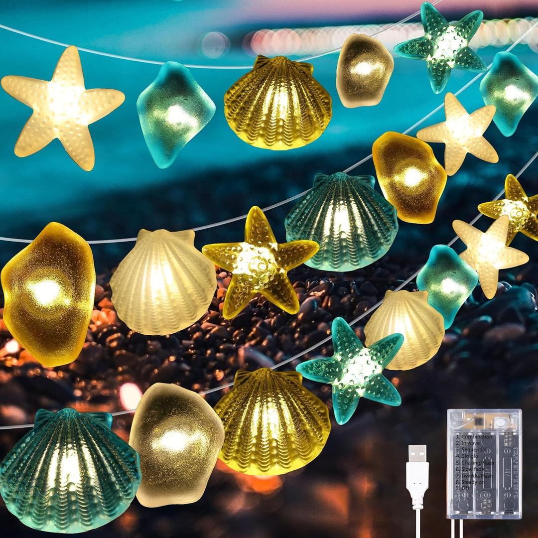 1 Pcs Ocean Beach Themed Sea Life Cute Fairy Decorative String Lights 10 FT 30 LEDs, 8 Light Modes Battery Operated, Starfish and Seashell Design for Summer Room, Ocean Bathroom, Beach Party Decor