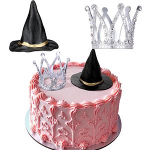 2 Pack Witch Hat and Crown Cake Topper, Mini Wizard Hats Crown Cupcake Decorations for Birthday Party Supplies(Classic Style)