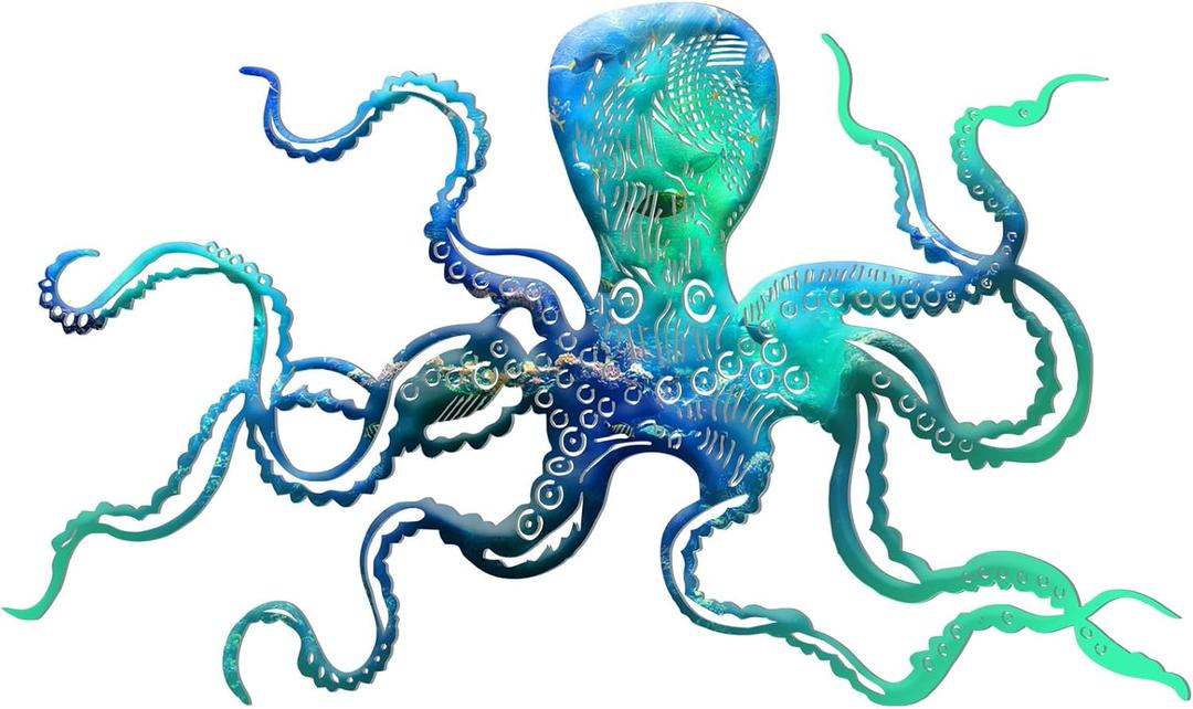 Zhengmy Octopus Wall Art Metal Octopus Wall Decor 18 x 11 Inch Extra Large Tropical Nautical Hanging Sculpture Beach Ocean Theme Home Bedroom Decoration Gifts(Ocean Blue)