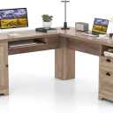 Desk L Shape, Corner Desk with Keyboard, Cabinet and 2 Drawers, Corner Table, Computer Table, Desk for Home or Office, 168 x 168 x 76 cm (Oak) (Box 1 of 2)