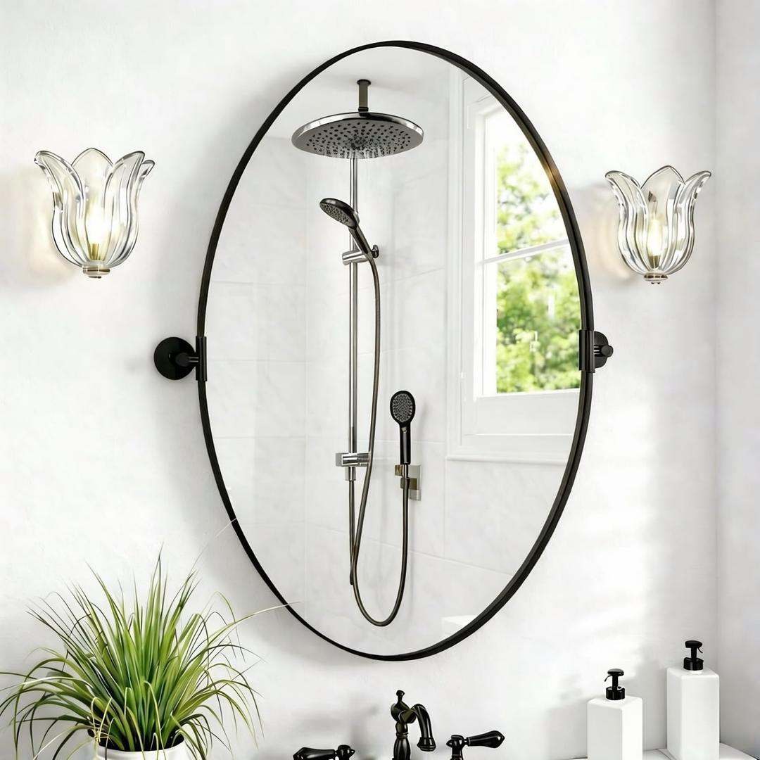 Oval Mirrors for Bathroom 24x36 Inch Adjustable Tilting Pivot Design, Shatter-Resistant Glass Mirror for Vanity/Over Sink - Sleek Black Metal Frame, Space-Saving & Easy Wall Mount