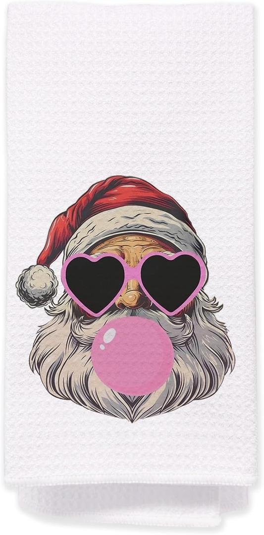 Santa Christmas Kitchen Towels - Christmas Hand Towels for Bathroom, Christmas Dish Towels for Kitchen, Pink Santa Christmas Kitchen Decor, Retro Pink Christmas Decor for Bathroom