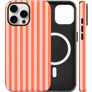Magnetic for iPhone 16 Pro Case Cute Stripes Phone Case, Shockproof Slim TPU and Hard PC Protective Phone Cover Compatible with MagSafe Designed for Women Girls, Deep Orange