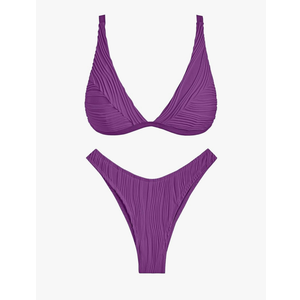 ZAFUL Bikini Sets for Women Triangle Textured Plunging High Cut Cheeky Bikini Swimsuits Two Piece Bathing Suits, S