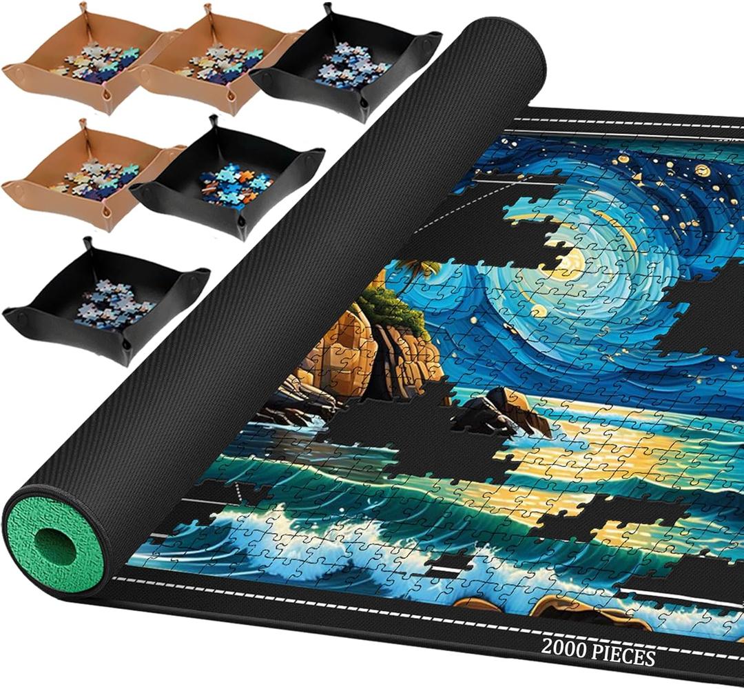 Jigsaw Puzzle Mat Roll Up, Portable Saver Pad 48 x 30.7 Up to 2000 Pieces, Puzzles Matt Rollup with Non-Slip Rubber Bottom & Smooth Top. (6 Puzzle Sorting Trays & 1 Storage Bag) (Black)