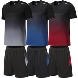 BOOMCOOL Gym Clothes workout shorts and long sleeve shirts for men running dry fit athletic outfits sets 6 pack (XX-Large, Black Blue Red)