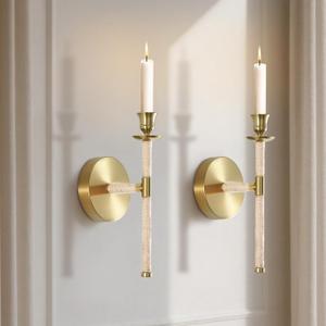 Metal Wall Candle Sconces Wall Mount Candle Holder Set of 2, Twisted Handcraft Hemp Rope Gold Candlestick Holder, Chic Vintage Hanging Decor for Living Room, Bedroom, Entryway, Fireplace