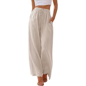 LILLUSORY Women's Linen Summer Palazzo Pants Flowy Wide Leg Beach Pants with Pockets (Beige, L)