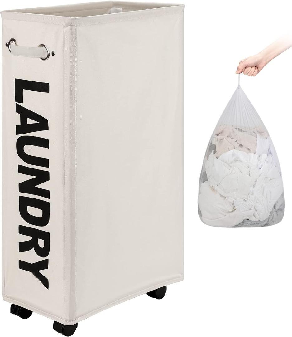 DOKEHOM 29-Inches Enlarged Slim Laundry Basket with Removable Wash Bag on Wheels, Collapsible Rolling Laundry Hamper, Foldable Narrow Corner Clothes Storage Bins (Beige)