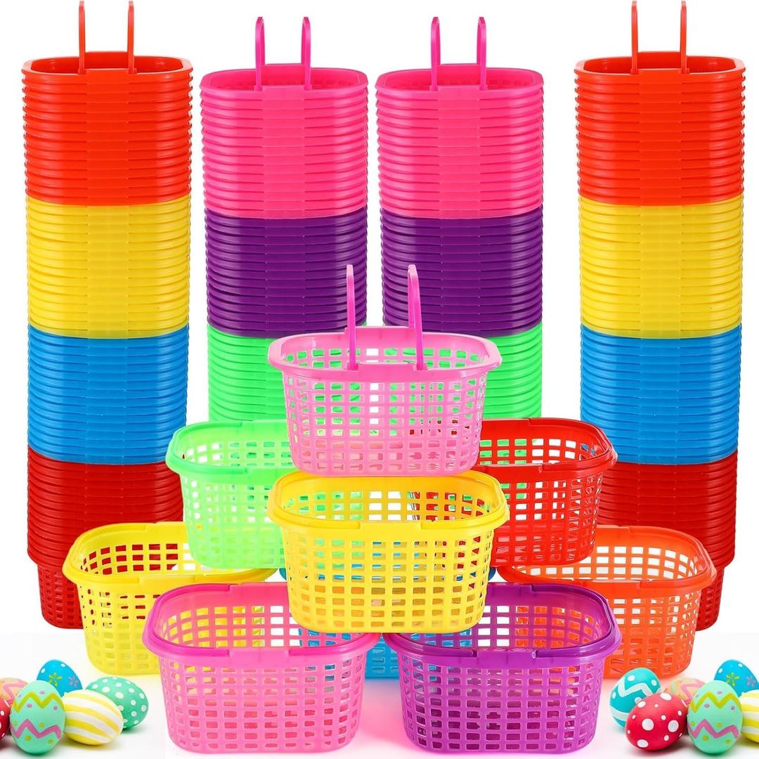 FillTouch 100 Pcs Easter Baskets Bulk Colorful Plastic Egg Baskets with Handle 6.7" x 5.11" x 3.5" Easter Buckets for Party Favors Egg Hunts Supplies Decorations, 7 Colors