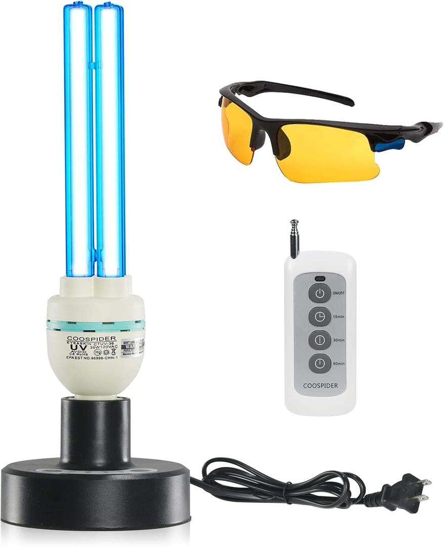 36Watts UV Sanitizer Lamp with Remote Control Powerful UVC Light with E26 Base for Basement/Bedroom/Kitchen/Office/Storehouse/Car, 3-Gear Timer 110V Ozone Free