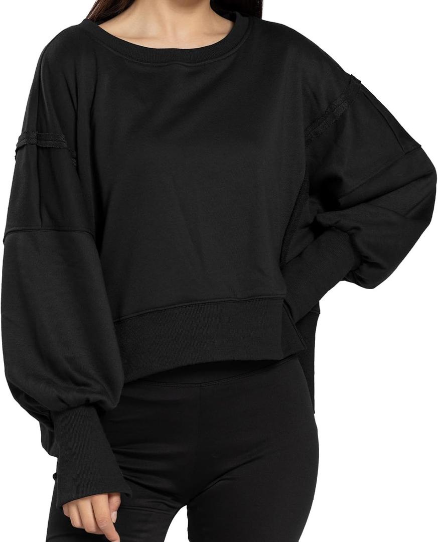 Womens Crewneck Sweatshirts Cropped Long Sleeve Tops Oversize Loose Fit Tee Side Slit Pullover Tshirt (Gray, M)