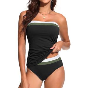 Daci Bandeau Tankini Swimsuits for Women - Two Piece Ruched Tummy Control Bathing Suit Strapless Swimwear with Bottom (Large, Green Color Block)