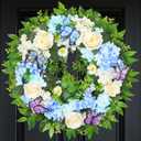 [Lighted & Timer] 24" Spring Summer Wreaths for Front Door Blue Hydrangea Wreath with Lights Butterfly Rose Daisies Artificial Floral Wreath for Home Wall Window Farmhouse Wedding Indoor Outdoor Decor