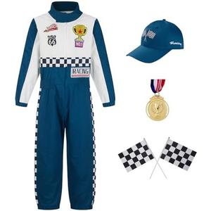 Kosgraiy Race Car Driver Costume Boy Girl,Kid Racer Jumpsuit with Car Cap,Toddler Racing Costume Halloween with Accessories, Size 110