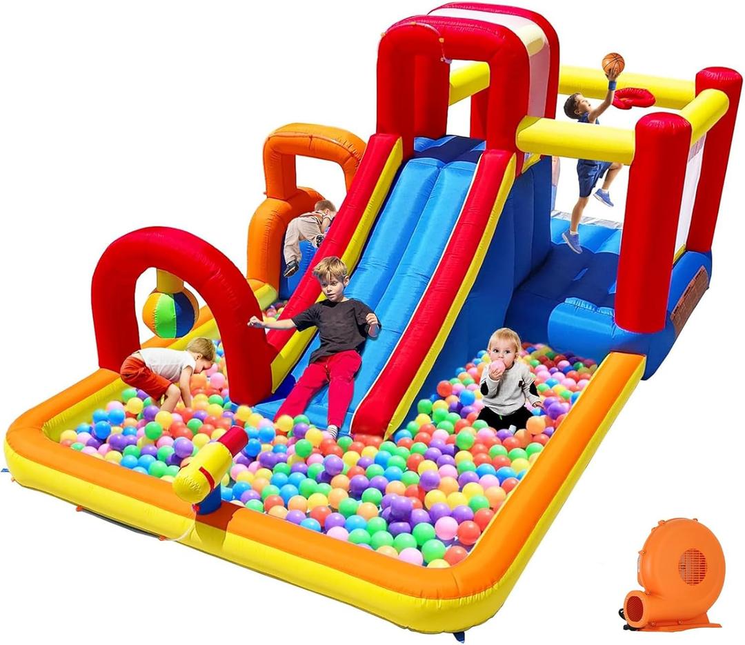 Inflatable Bounce House Obstacle Course with Wet or Dry Slide, Ball Pool, Climbing Wall, Boxing Ball, Small Climb&Slide  Backyard & Indoor Bouncy Castle for Kids 3-8