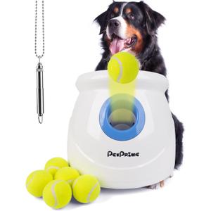 Pet Prime Dog Automatic Ball Launcher for Large Dogs Ball Thrower Machine Outdoor Indoor Use Interactive Dog Toy Adjustable Distance 10-40ft - Included 6 PCS 2.5 Tennis Balls and a Whistle