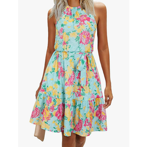 Newshows Women's 2025 Summer Dress Halter Casual Beach Vacation Outfits Hawaiian Dresses Ruffle Belted Sundress with Pockets (Light Blue Floral Rose, L)