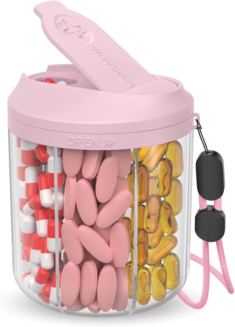 Hionxmga Pill Dispenser with 7 Large Compartments, Pill Organizer for Travel with Anti-Mixing Design, BPA-Free Pill Container with 20 Pcs Labels, Pink