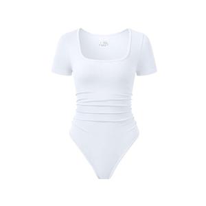 OQQ Women Bodysuits Ruched Short Sleeve Square Neck Stretch Lounge Travel Bodysuits White, M