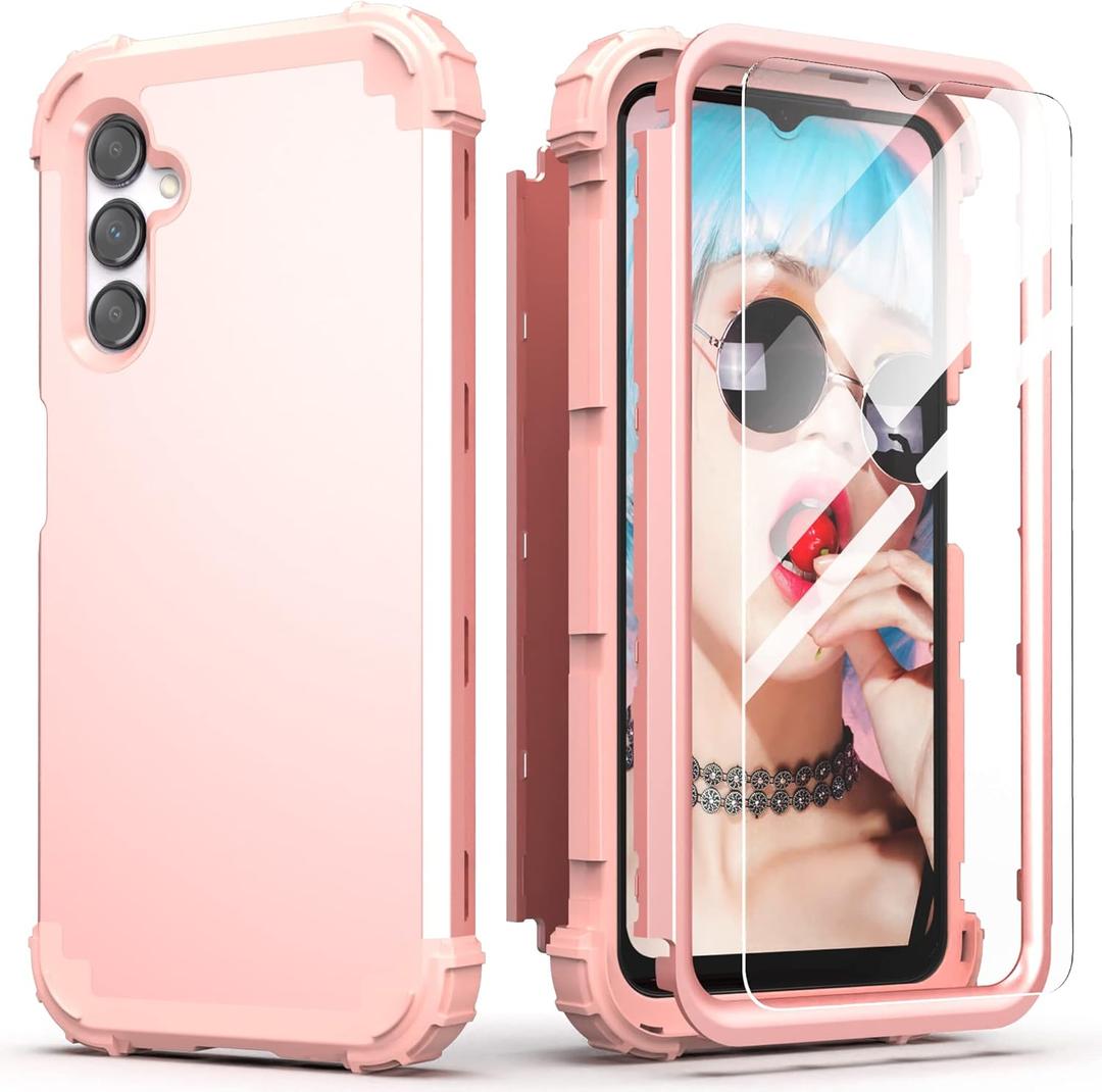 IDweel for Galaxy A16 5G Case with Screen Protector, Hybrid 3 in 1 Shockproof Heavy Duty Protection Hard PC Bumper+Soft Silicone Protective Full Body Cover for Samsung Galaxy A16 5G 6.7", Rose Gold