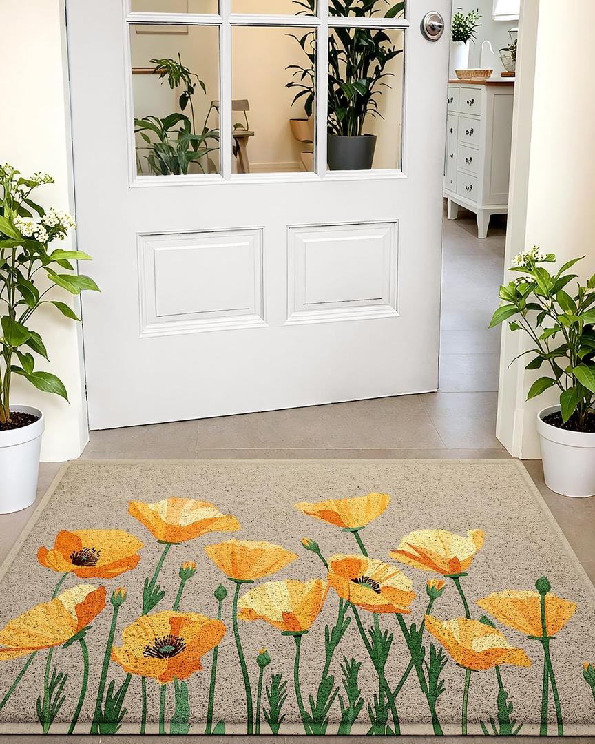 LUMI Spring Floral Door Mat, Low Profile Thin Mesh Doormats, Dirt Trapper Stain Resistant Welcome Mats, Waterproof Outside Mat for Home Decor, 32"x47", Beige