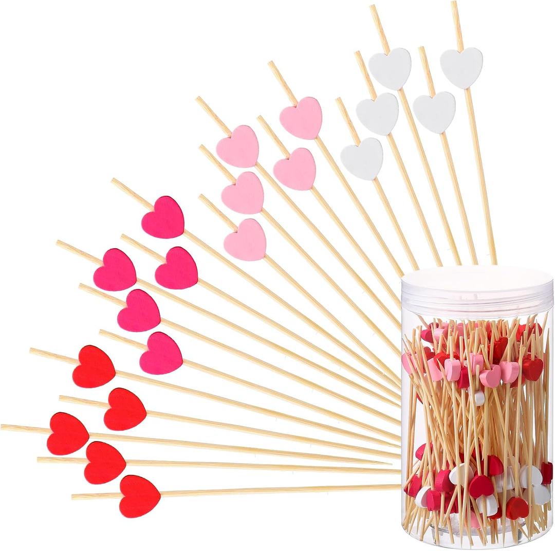 Zopeal 120 Pcs Red Pink White Heart Cocktail Picks Valentine's Day Fruit Toothpicks 4.7'' Bamboo Charcuterie Skewers Appetizers Drinks Food Skewer Sticks for Galentines Birthday Wedding Party Supplies