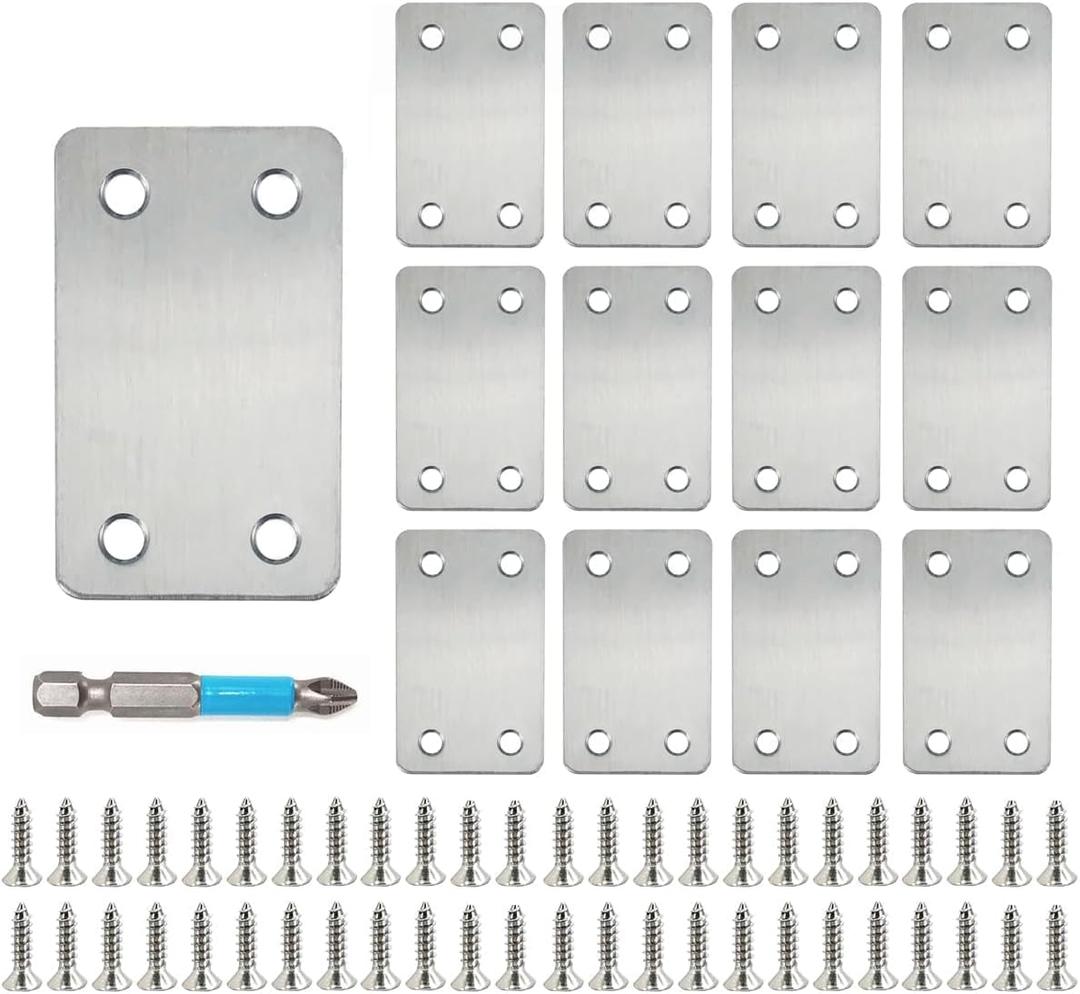 QSJ 12 Pack Flat Mending Plate, Metal Bracket, Stainless Steel Brace 2.36 x 1.49'', Fixing Joining Plate for Wood with 48PCS Screws, 1x Screwdriver., Black