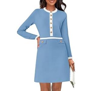 ZESICA Women's Fall Long Sleeve Bodycon Sweater Dress Crewneck Button Knit Color Block Party Mini Dresses (Medium, Black)
