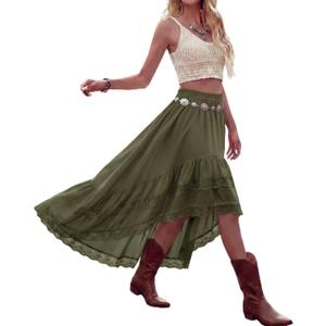 Cutecrop Women Asymmetrical Lace Ruffle Skirt Western Boho Skirt Elastic Waist Flowy Layered High Low Cowgirl Country Dress, XL