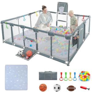 Baby Playpen, 79"x71"Baby Playpen with Mat IndoorOutdoor Playpen for Babies and Toddlers with Breathable Play Pen with Ocean Balls Hanging Pocket Basketball Hoop and Football Goal