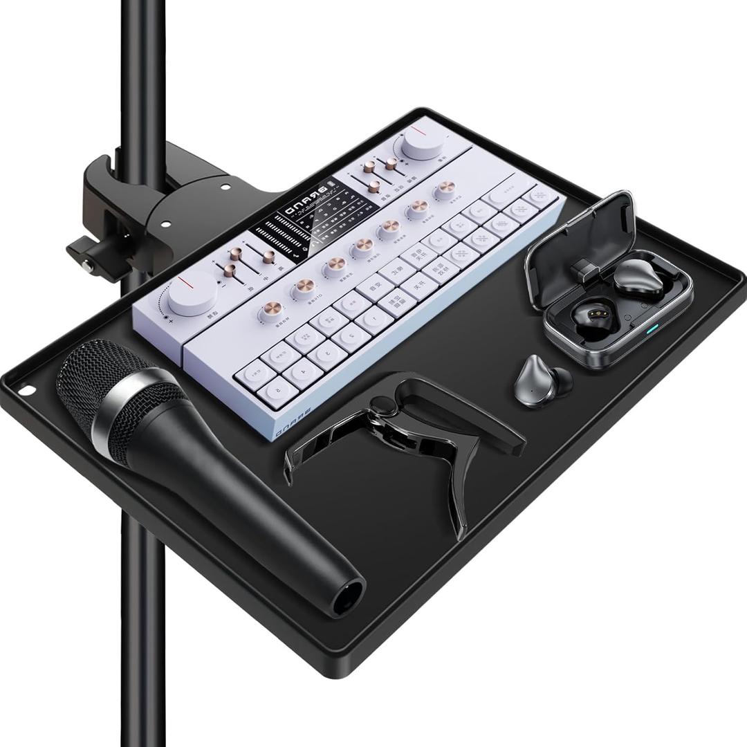 BILIONE Microphone Stand Tray with Crab Clamp, 10.6" x 7.8" Large Tray Shelf Attachment Clamp on Studio Music Floor Stands for Storage