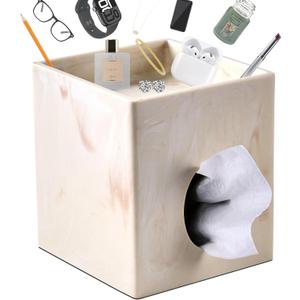 Beige Natural Marble Stone Textures Square Tissue Box Cover with Storage Tray, 2-in-1 Tissue Holder Decorative Organizer for Bathroom, Vanity, Kitchen Countertop, Bedroom Night Stands, Office Desk Top (Large with Tray, Yellow Marble)