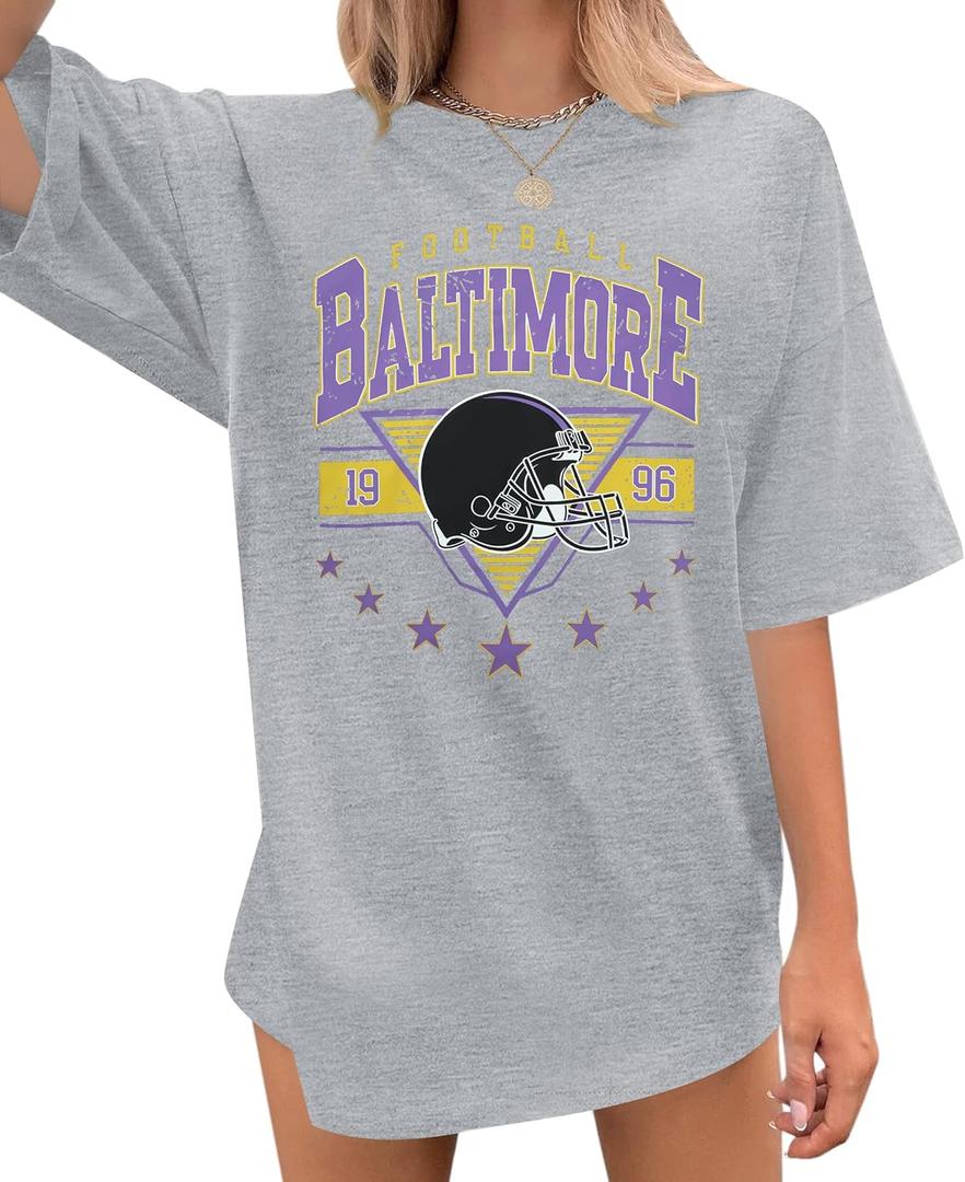 Oversized Football Shirts Women Game Day Tshirt Football Outfits Team Fan Gifts Tee Tops (Gray, XL)