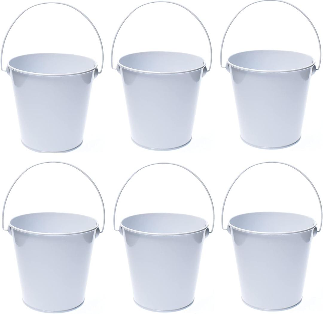 Colored Metal Buckets with Handle, 6 Pack 5.91 Inch Galvanized Iron Pail Bucket for Kids,Classroom,Crafts,and Party Favors (White)