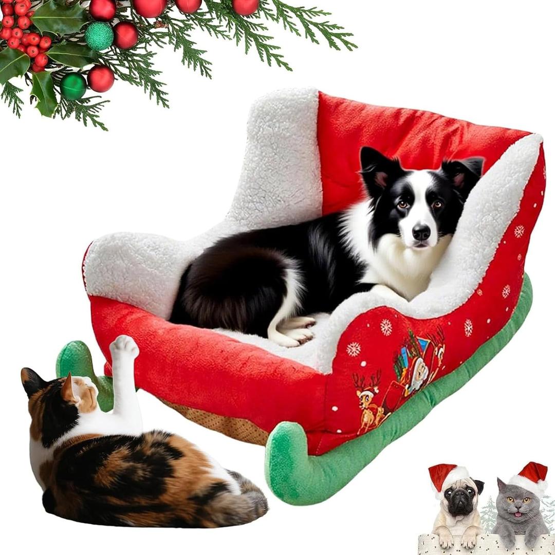 2025 New Christmas Sleigh Dog Beds, Interesting Red Christmas Cat Dog Bed, Holiday Plush Pet Bed with Synthetic Fur, Christma Holiday Themed Pet Bed, Washable and Highly Durable