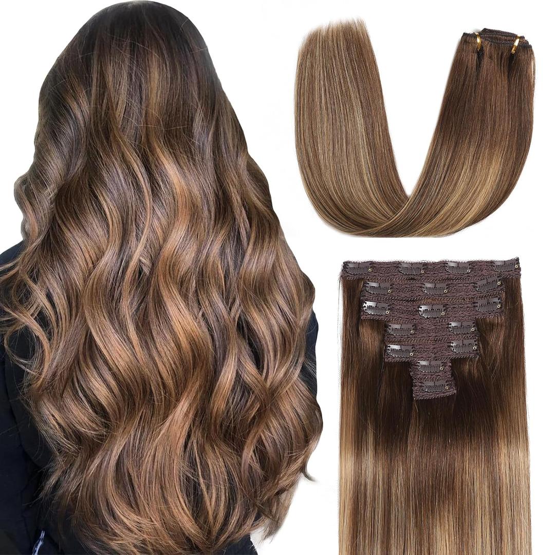 Sisily Clip in Hair Extensions Real Human Hair, 24 inch 70g, Chocolate Brown to Blonde Balayage, 100% Brazilian Remy Human Hair Clip in Extensions Soft Straight 7pcs Per Set with 16 Clips Double Weft