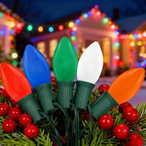 Abeja C9 Multicolor Christmas Light Outdoor, 25Ft Vintage Christmas String Lights with 26 Multicolored Bulbs, Hanging Roofline Lights for Christmas Tree Patio Garden Party Decor, Green Wire