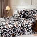 MR&HM Satin Bed Sheets with Elastic Corner Straps, Queen Size Sheets Set, 4 Pcs Silky Bedding Set with 15 Inches Deep Pocket for Mattress (Queen, Cow Print)