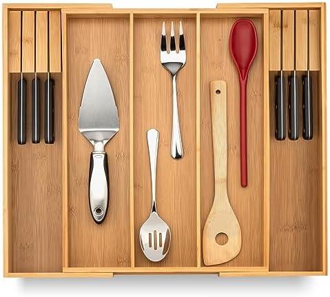 Purawood Kitchen Drawer Organizer with Knife Blocks - Utensil Drawer Organizer for Kitchen, Cutlery Tray & Silverware Organizer, 3-5 Slots - Bamboo Organizer for Utensils & Flatware (Natural)