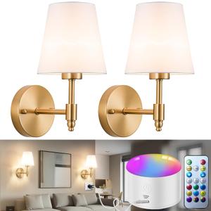 YHCDLAMP Battery Operated Wall Sconces Set of Two, Rechargeable Wireless Wall Lights with 10000mAh RGB Dimmable Detachable Bulb, Battery Sconces Wall Decor with Remote for Bedroom Living Room Hallway