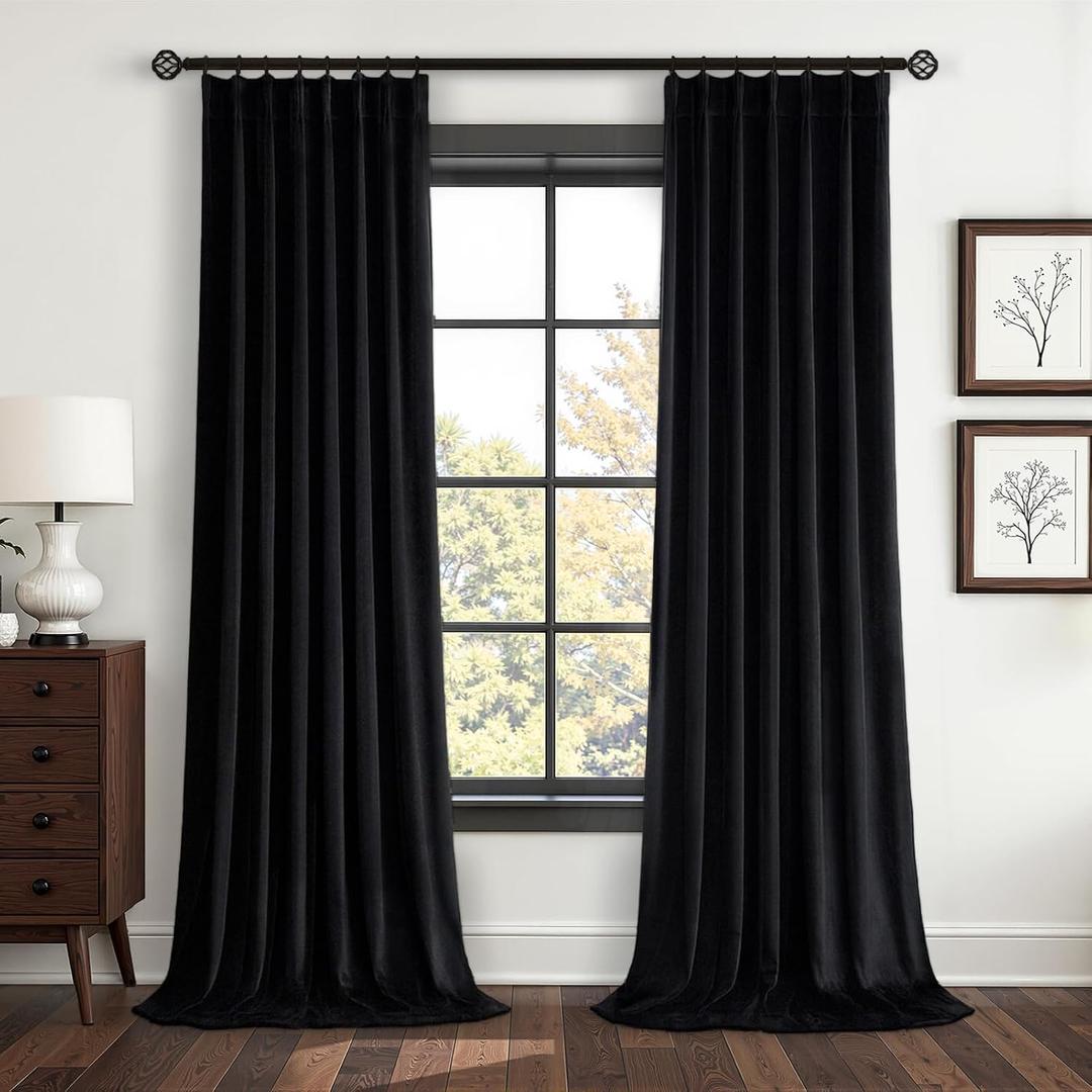 120 Inch Long Black Velvet Room Darkening Curtains 2 Panels Soft Elegant Luxury Velvet Pinch Pleated Drapes with Hooks for Living Room/Sliding Glass Door Floor to Ceiling Curtain 10FT,40W