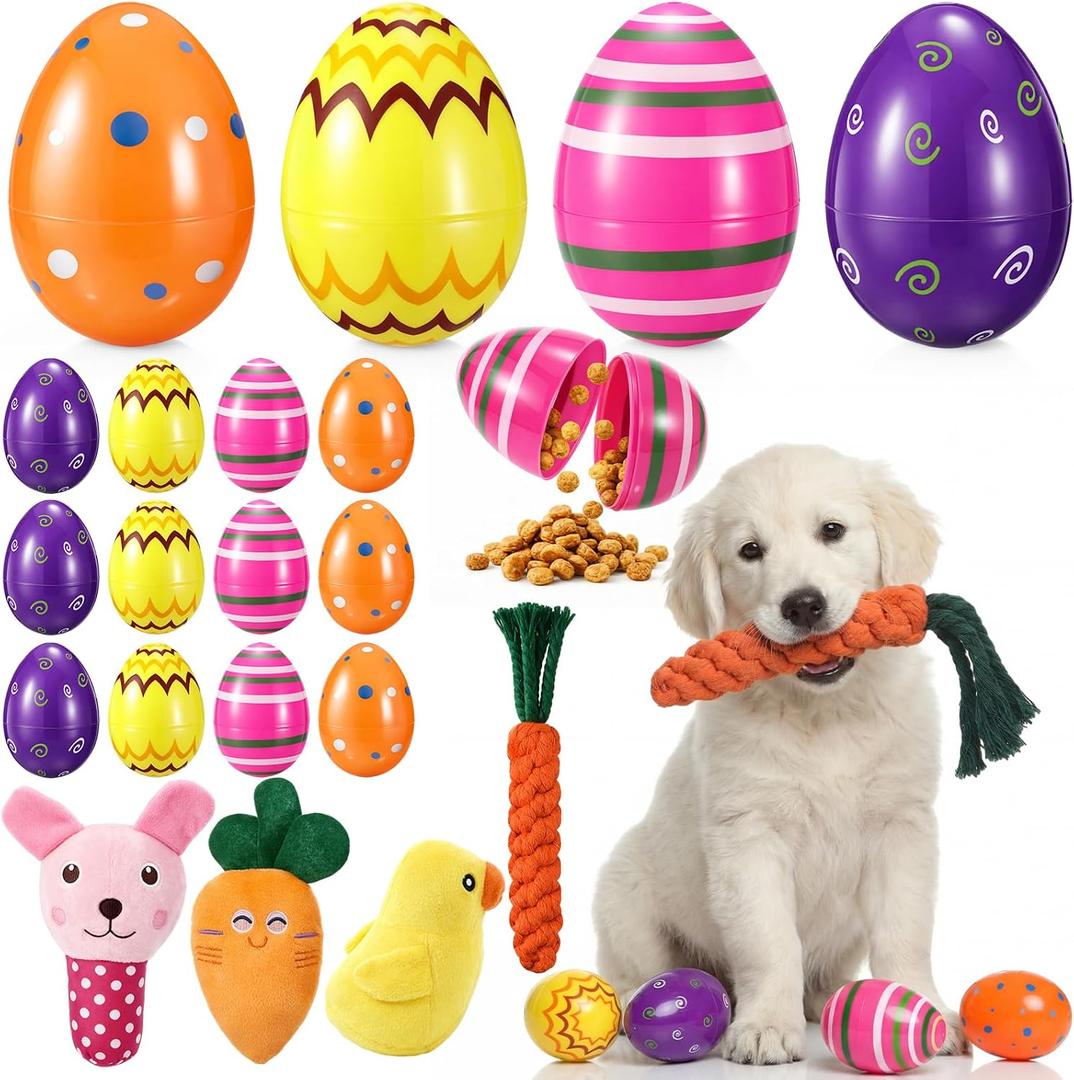 20 Pcs Easter Dog Toys Set Included 16 Sniff Training Eggs for Easter Egg Hunt 3 Plush Squeaky Toys and Soft Carrot Chew for Puppy Small Medium Large Dog Interactive Enrichment