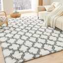Litanika 8x10 Geometric Shag Area Rug for Bedroom, White and Grey High Pile Ultra Soft Plush Shaggy Furry Bedside Playroom Dorm Carpet, Non-Slip, Non-Shedding Indoor Floor Rug